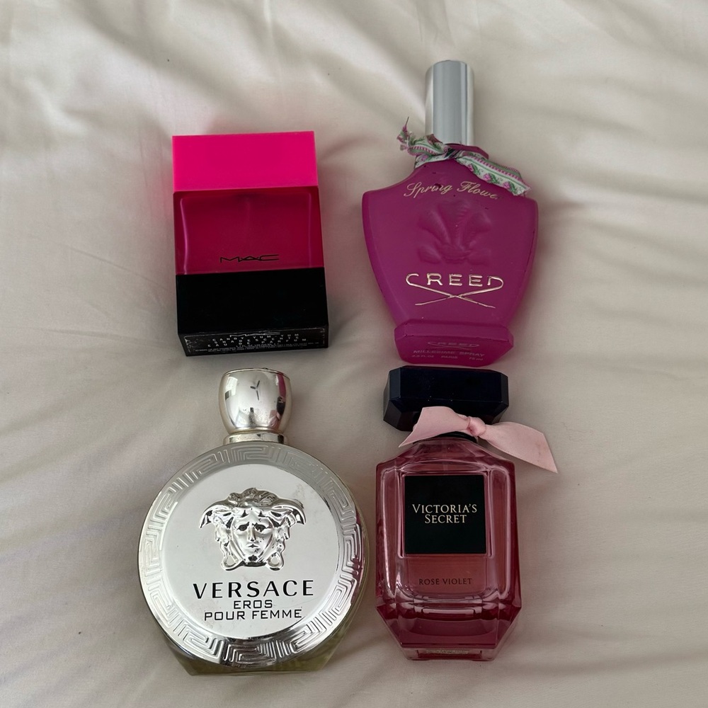 4 perfumes- creed spring flower, VS rose violet, Versace Eros, Mac candy yum-yum